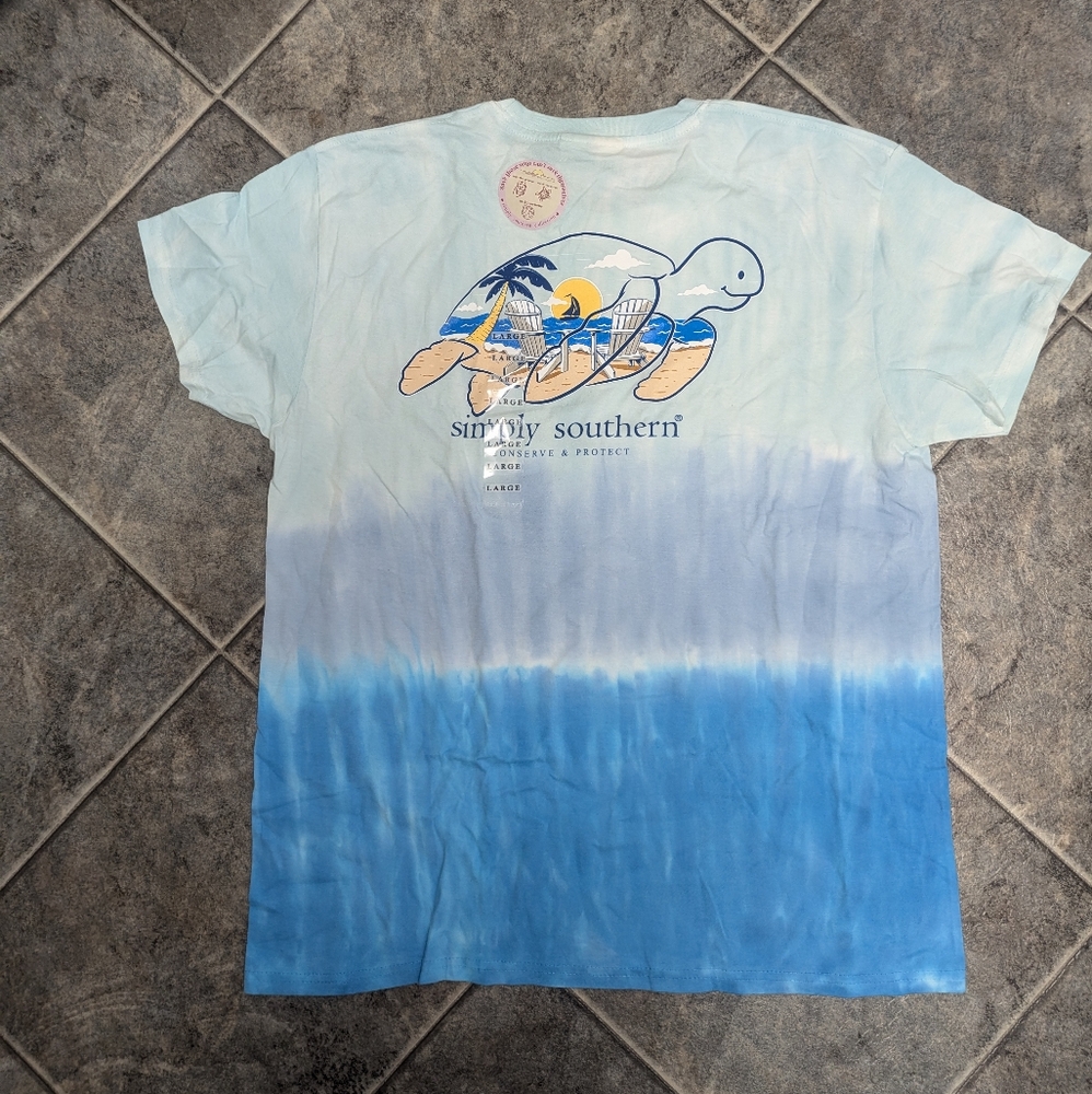 Simply Southern Women's Large Short Sleeve Blue Tie-die Turtle Shirt